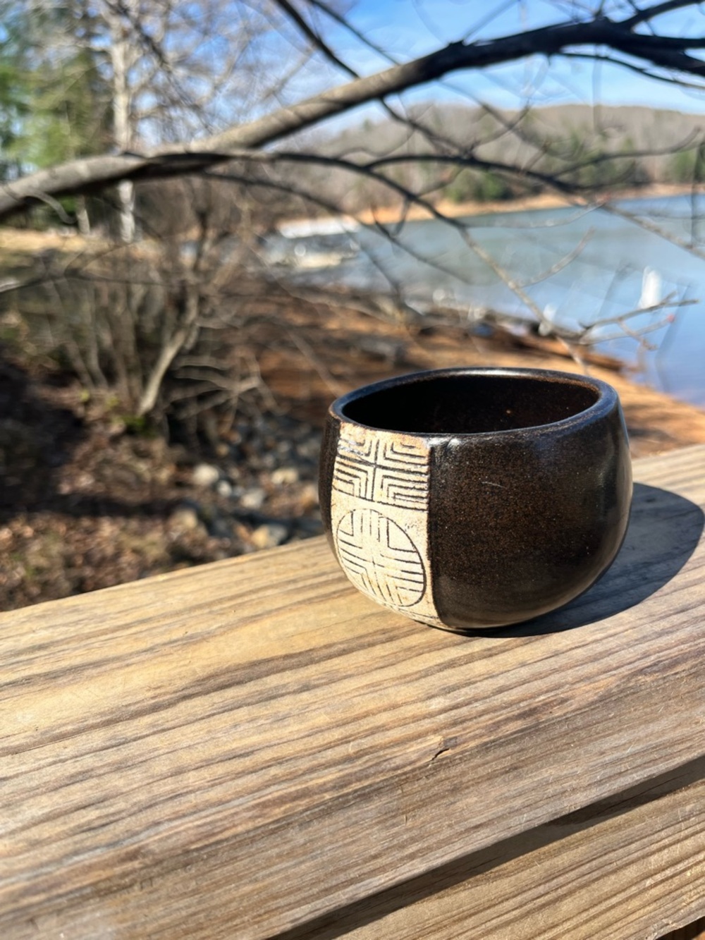 Signed Japanese Studio Pottery Tea Bowl MCM Black Glaze Sgraffito petite 4” Zen